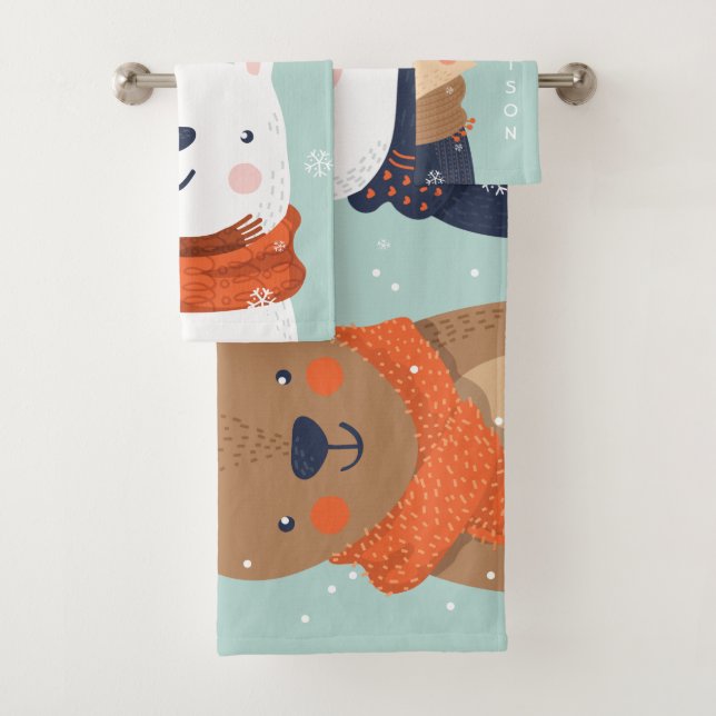 Custom name Winter Animals towel set (Insitu)