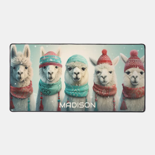 Custom Name Winter Llamas Desk Mat (Front)