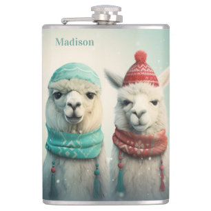 Custom Name Winter Llamas Hip Flask