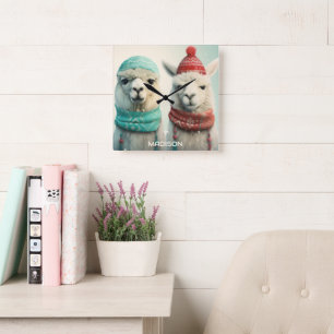 Custom Name Winter Llamas Square Wall Clock