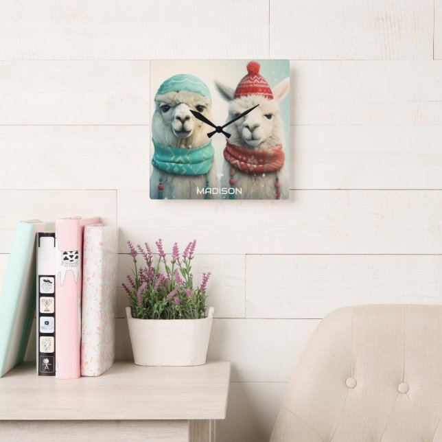 Custom Name Winter Llamas Square Wall Clock (Reading Room)