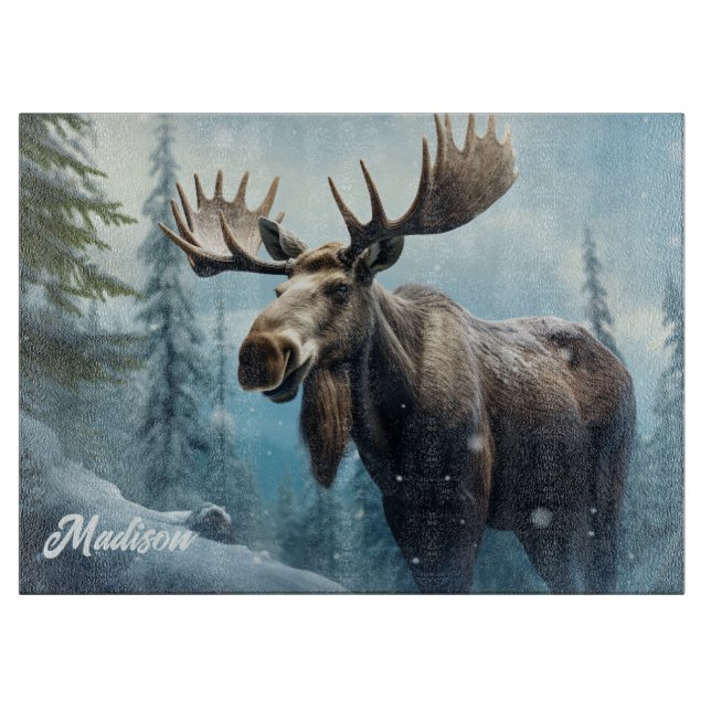 Custom Name Winter Moose Cutting Board (Front)