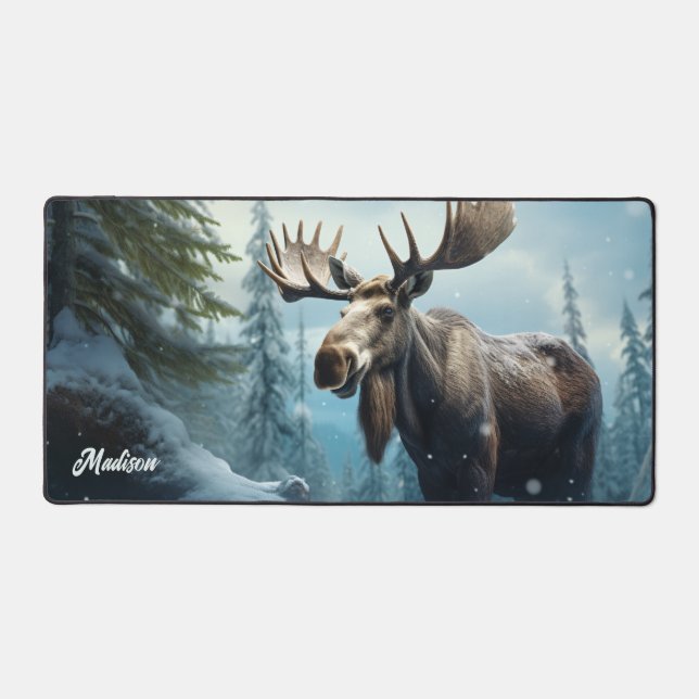 Custom Name Winter Moose Desk Mat (Front)