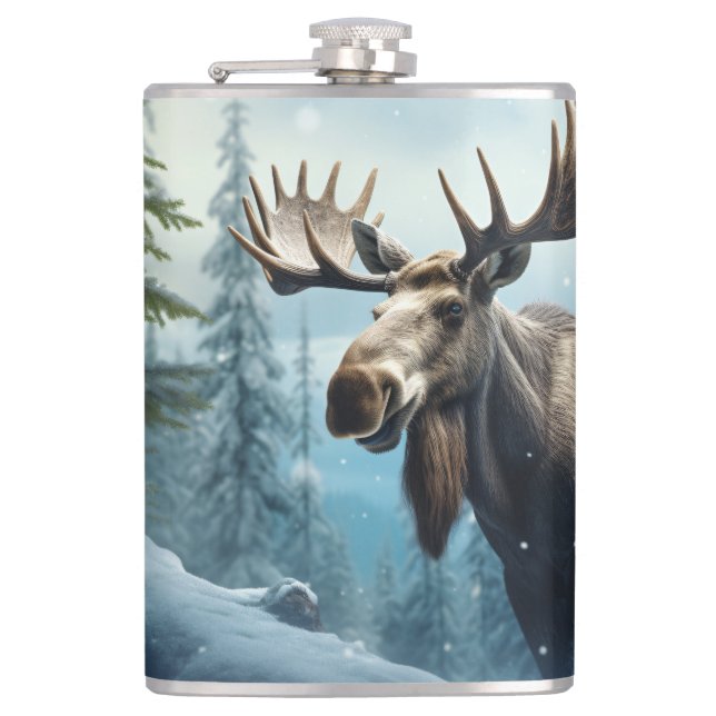 Custom Name Winter Moose Hip Flask (Front)
