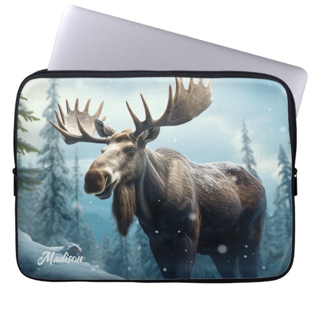 Custom Name Winter Moose Laptop Sleeve (Front)