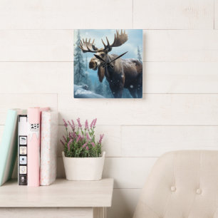 Custom Name Winter Moose Square Wall Clock