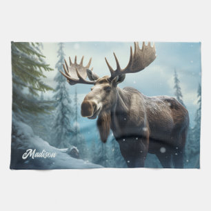 Custom Name Winter Moose Tea Towel