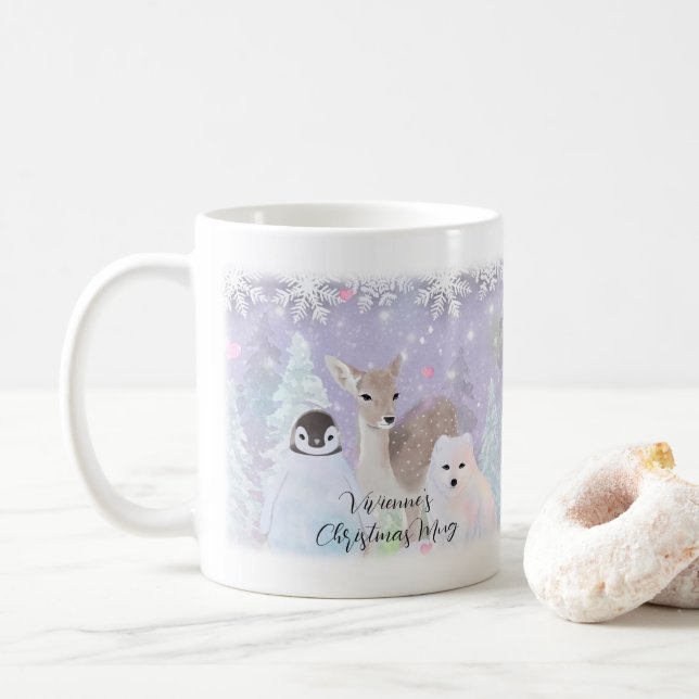 Custom Name Winter Wonderland Arctic Animals Coffee Mug (With Donut)