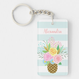 Custom Name Wish Pineapple Roses Pink Turquoise Key Ring