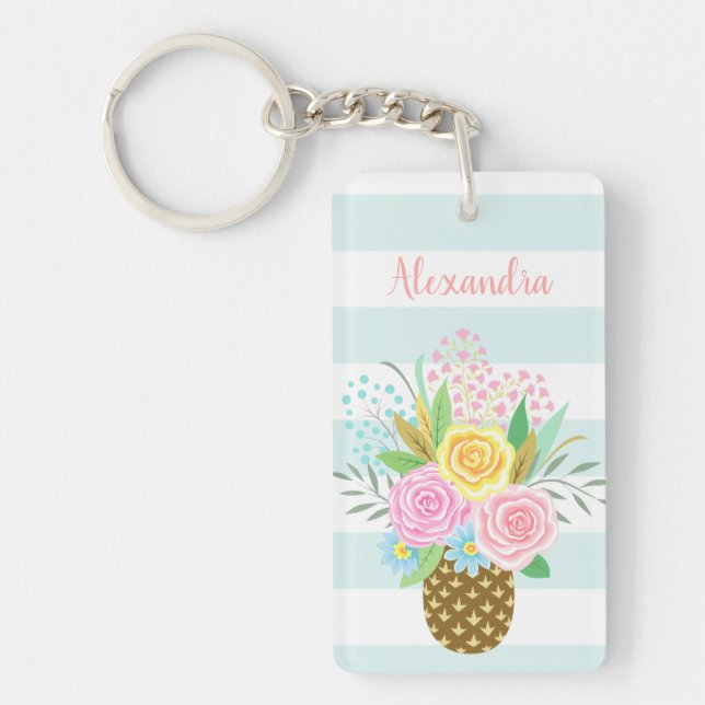 Custom Name Wish Pineapple Roses Pink Turquoise Key Ring (Front)