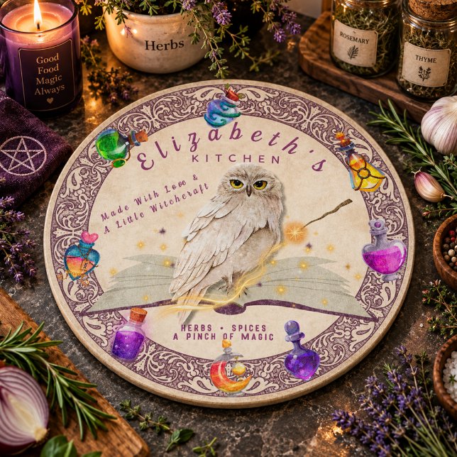 Custom Name Witchy Owl Kitchen Glass Cutting Board (Creator Uploaded)