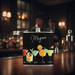 Custom Name with Colourful Hand-Drawn Cocktails Hip Flask