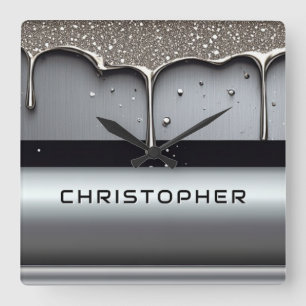 Custom Name With Dripping Liquid Metal Square Wall Clock
