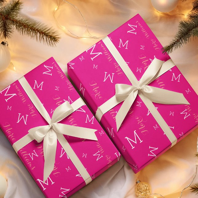 Custom name with initials - hot pink wrapping paper (Creator Uploaded)