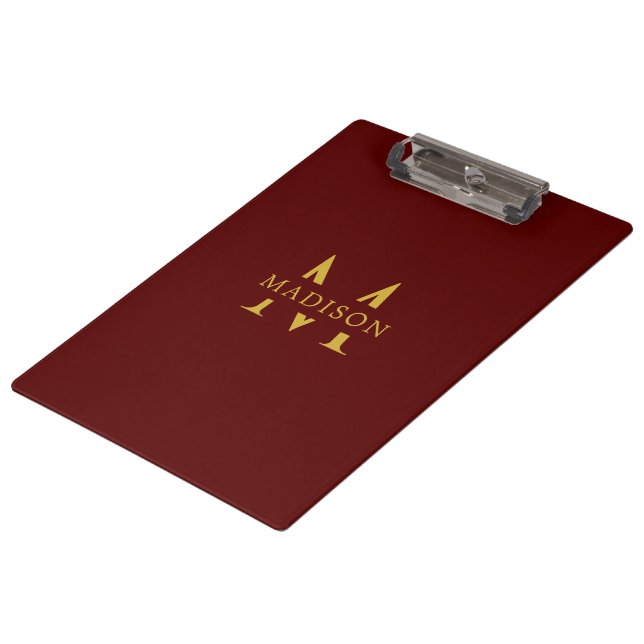 Custom Name with Monogram Maroon Professional Clipboard (Angled)