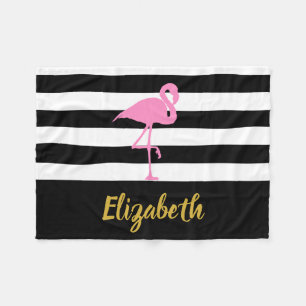 Custom Name with Pink Flamingo on Black and White Fleece Blanket