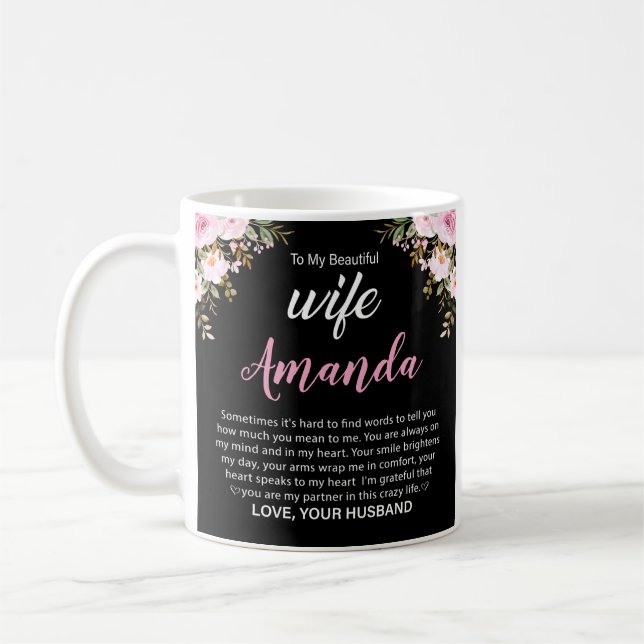 Custom Name with Pink Rose Message for Wife Coffee Mug (Left)