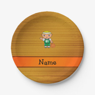 Custom name wood grain basketball player paper plate