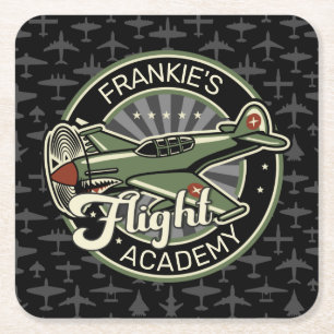 Custom NAME WWII Military Fighter War Plane Retro Square Paper Coaster