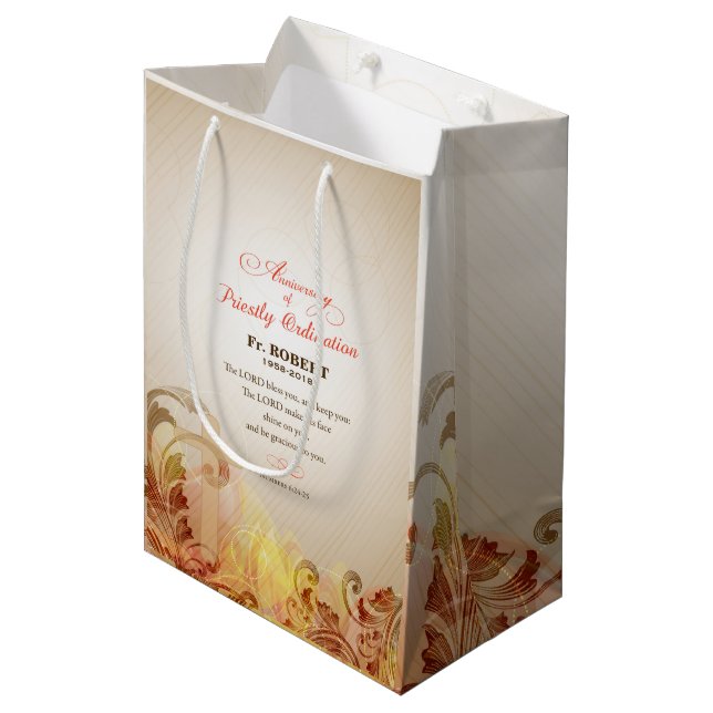 Custom Name & Year, 60th Priestly Ordination Medium Gift Bag (Front Angled)