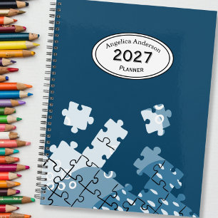 Custom Name Year Puzzle pieces Blue Planner