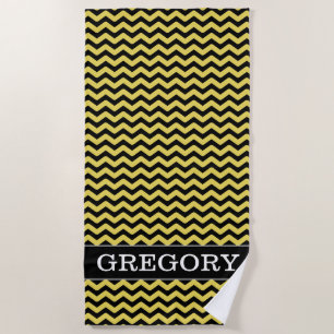 Custom Name + Yellow & Black Wavy Line Pattern Beach Towel