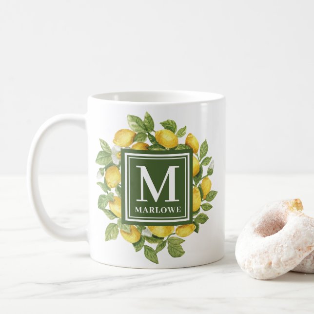 Custom Name Yellow Citrus Lemon Monogram Coffee Mug (With Donut)