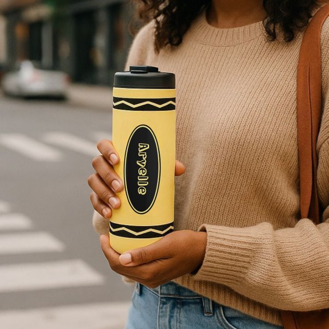 Custom Name Yellow Crayon Travel Mug Drink Tumbler (In-situ)