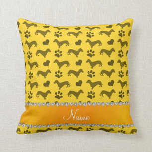 Custom name yellow dachshunds hearts paws cushion