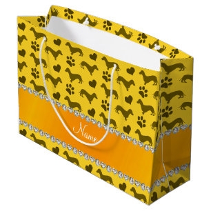 Custom name yellow dachshunds hearts paws large gift bag