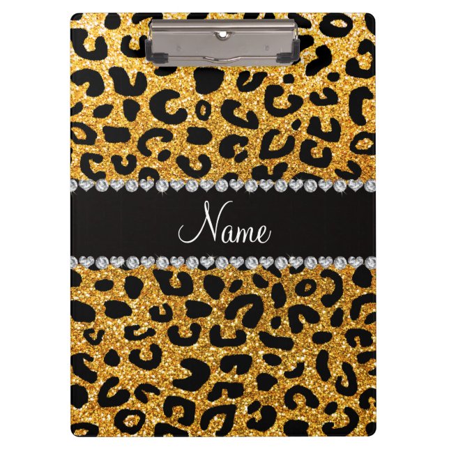 Custom name yellow glitter cheetah print clipboard (Front)