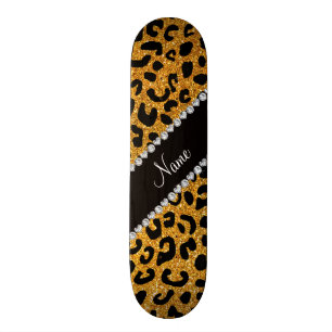 Custom name yellow glitter cheetah print skateboard