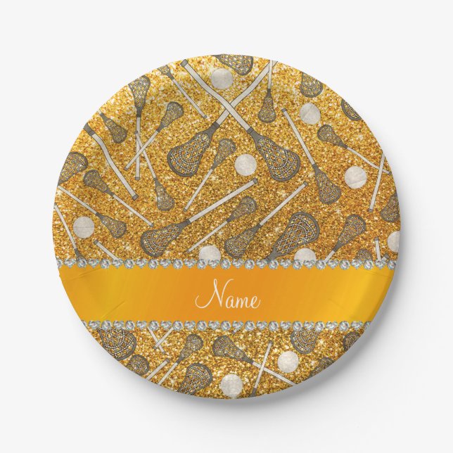 Custom name yellow glitter lacrosse sticks paper plate (Front)
