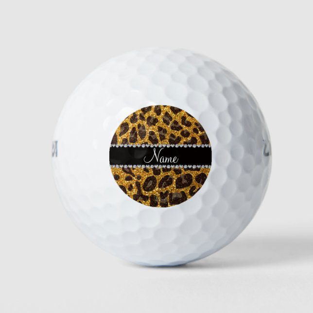 Custom name yellow glitter leopard print golf balls (Front)