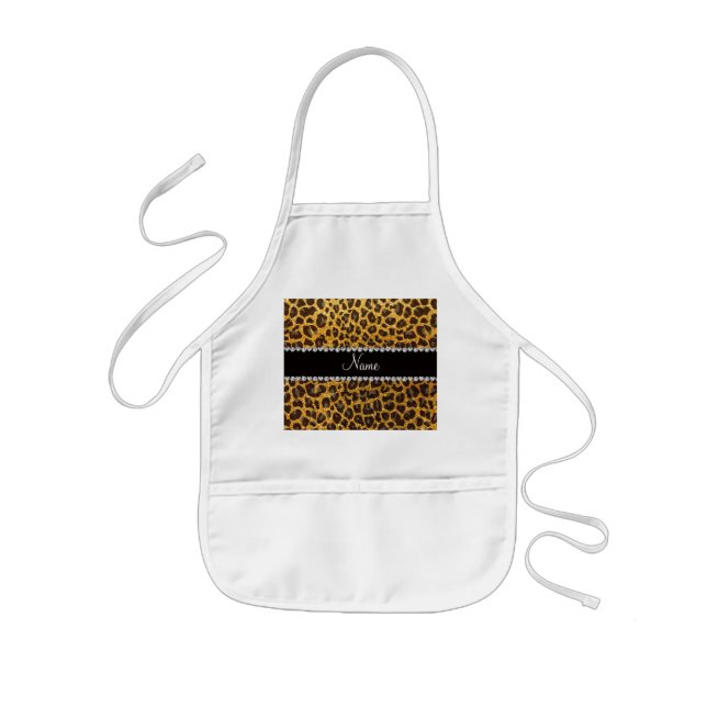 Custom name yellow glitter leopard print kids apron (Front)