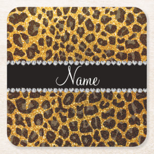 Custom name yellow glitter leopard print square paper coaster