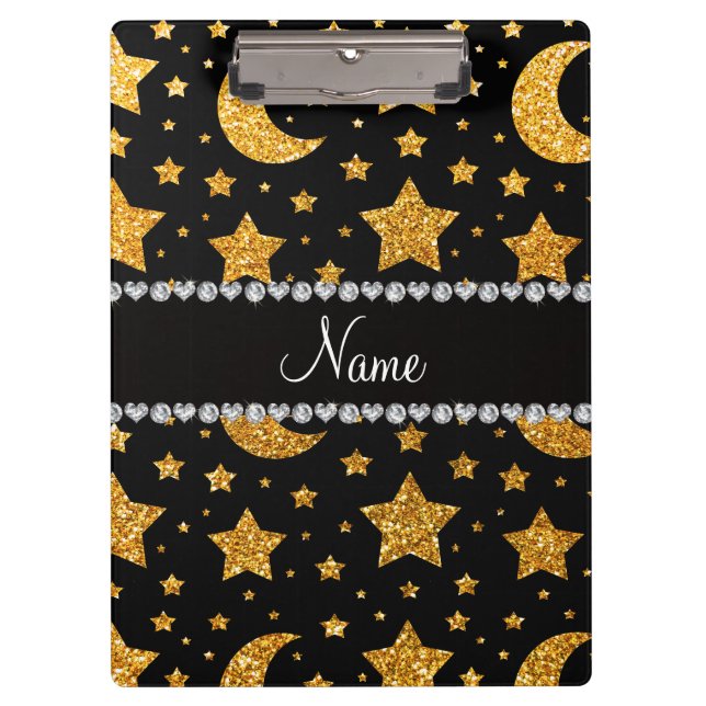 Custom name yellow glitter stars and moons clipboard (Front)