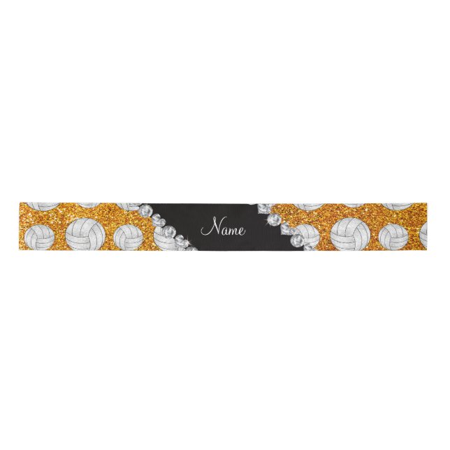 Custom name yellow glitter volleyballs satin ribbon (Front)