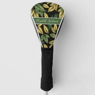 Custom Name Yellow & Green Leaves on Black Bold Golf Head Cover