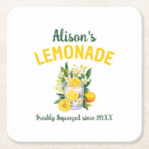 Custom Name Yellow Green Lemonade Summer Party Square Paper Coaster