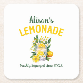 Custom Name Yellow Green Lemonade Summer Party Square Paper Coaster