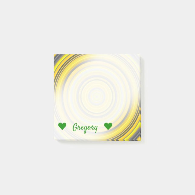 Custom Name + Yellow & Grey Nested Circles Pattern Post-it Notes (Front)