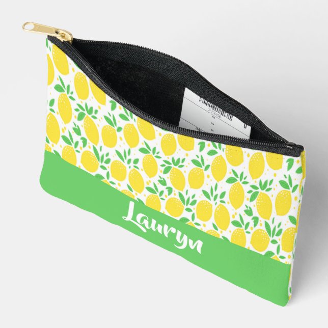 Custom name yellow lemon fruit pattern accessory pouch (Open)