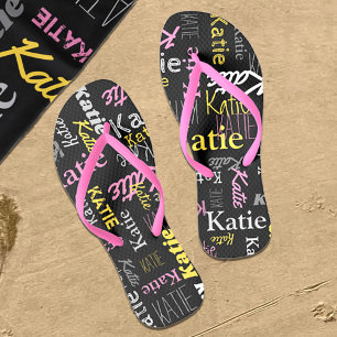 Custom name yellow pink grey black typographic flip flops