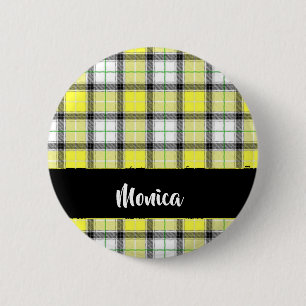 Custom name yellow plaid pattern 6 cm round badge