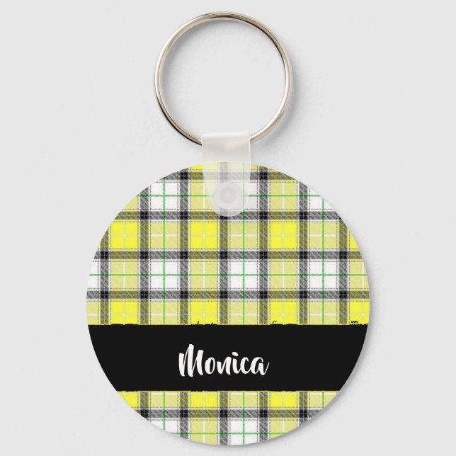 Custom name yellow plaid pattern key ring (Front)