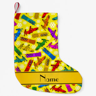 Custom name yellow rainbow bobsleigh snowflakes small christmas stocking