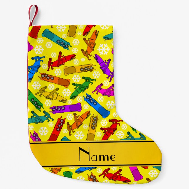 Custom name yellow rainbow bobsleigh snowflakes small christmas stocking (Front)