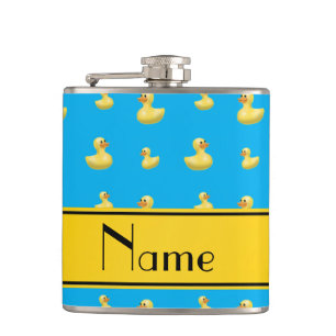 Custom name yellow stripe sky blue rubber duck hip flask