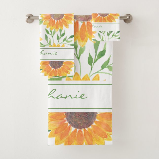 Custom Name Yellow Sunflower  Bath Towel Set (Insitu)